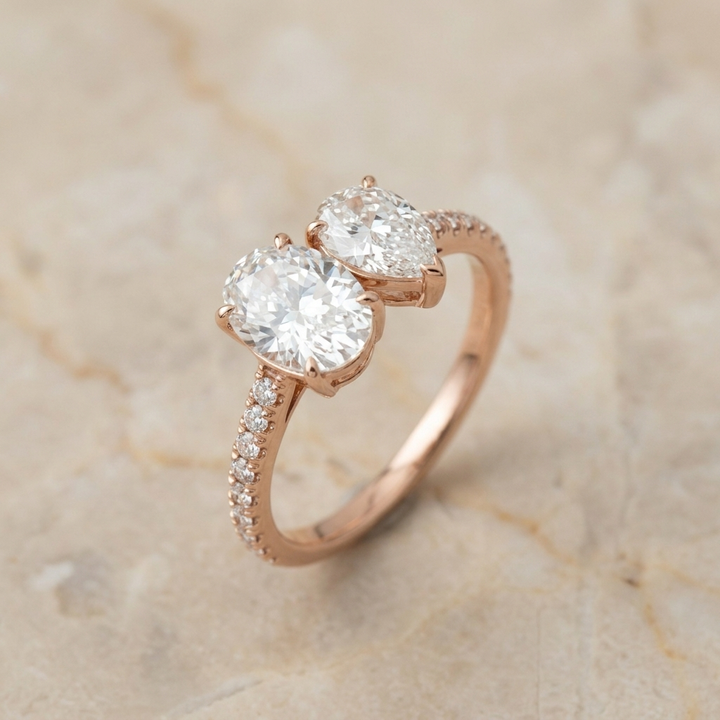14K Rose Gold Selena Select Toi et Moi Oval & Pear Pavé Band Lab Diamond Engagement Ring, prong setting – side profile | RockHer
