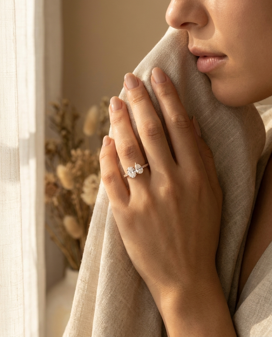 14K Rose Gold Selena Select Toi et Moi Oval & Pear Pavé Band Lab Diamond Engagement Ring, prong setting – lifestyle shot | RockHer