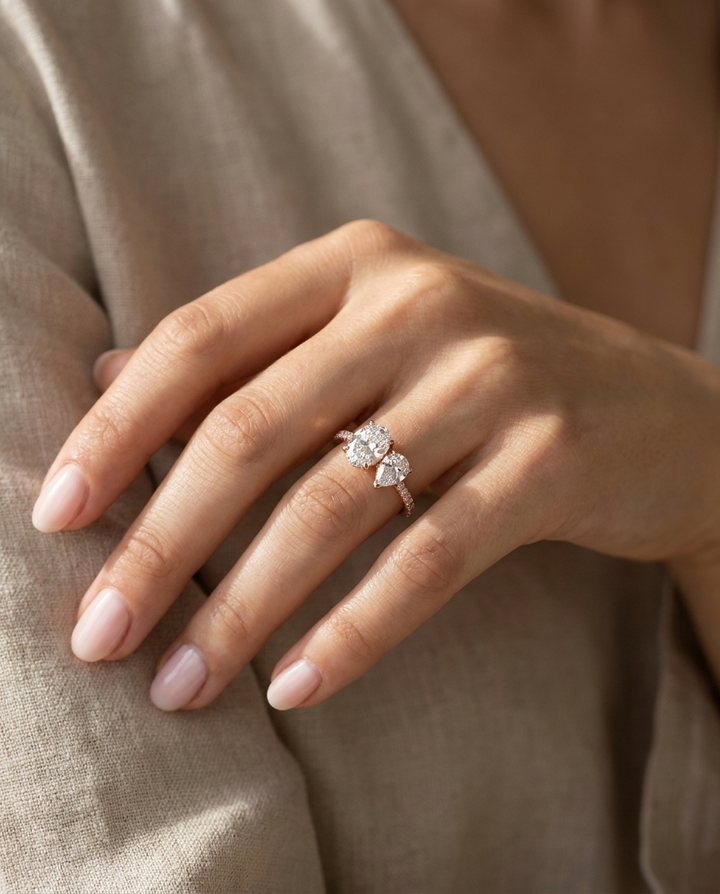 14K Rose Gold Selena Select Toi et Moi Oval & Pear Pavé Band Lab Diamond Engagement Ring, prong setting – lifestyle shot | RockHer