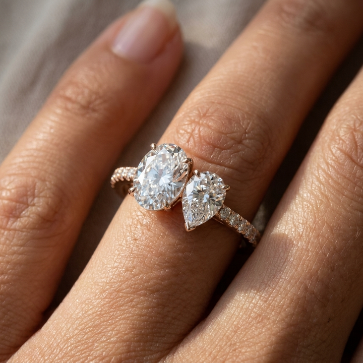 14K Rose Gold Selena Select Toi et Moi Oval & Pear Pavé Band Lab Diamond Engagement Ring, prong setting – lifestyle shot | RockHer