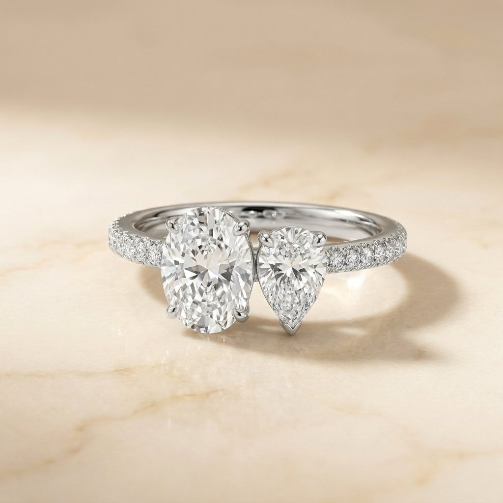 14K White Gold Selena Select Toi et Moi Oval & Pear Pavé Band Lab Diamond Engagement Ring - Hero on warm marble