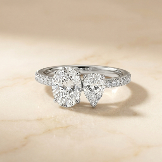 14K White Gold Selena Select Toi et Moi Oval & Pear Pavé Band Lab Diamond Engagement Ring - Hero on warm marble