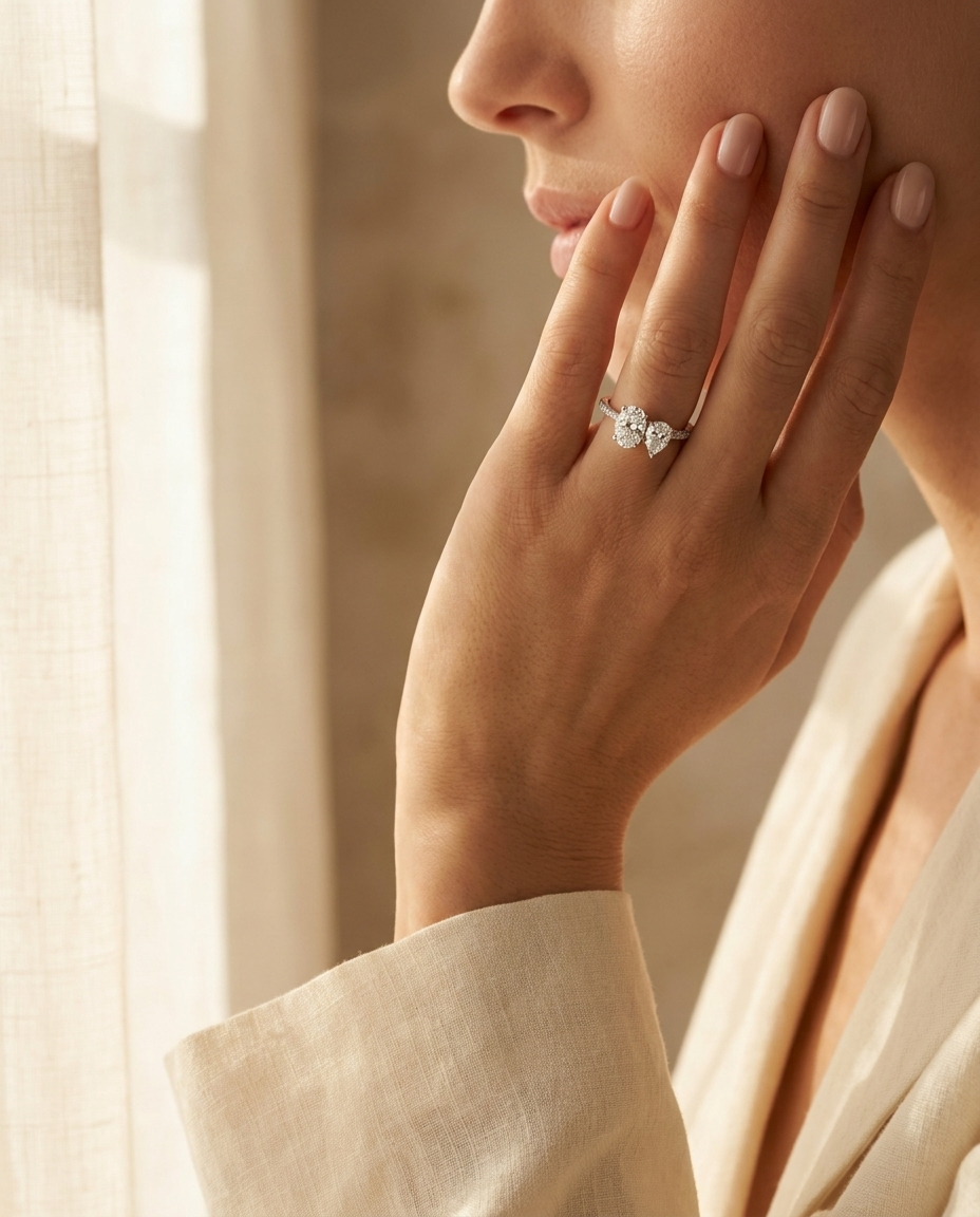 14K White Gold Selena Select Toi et Moi Oval & Pear Pavé Band Lab Diamond Engagement Ring - Lifestyle scene with hand model