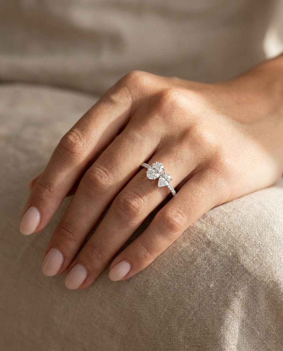 14K White Gold Selena Select Toi et Moi Oval & Pear Pavé Band Lab Diamond Engagement Ring - Ring on hand model
