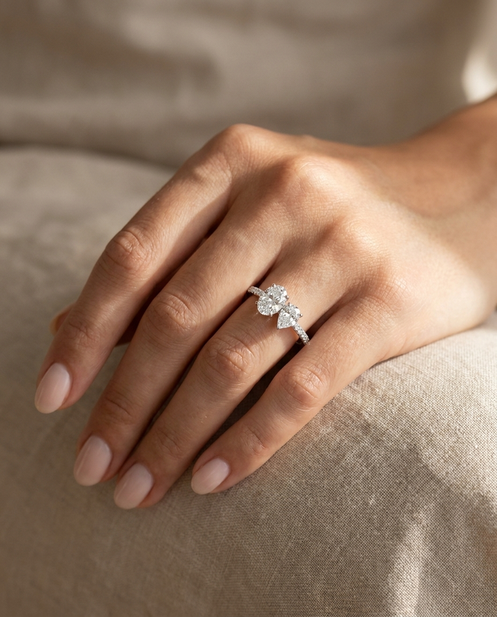 14K White Gold Selena Select Toi et Moi Oval & Pear Pavé Band Lab Diamond Engagement Ring - Ring on hand model