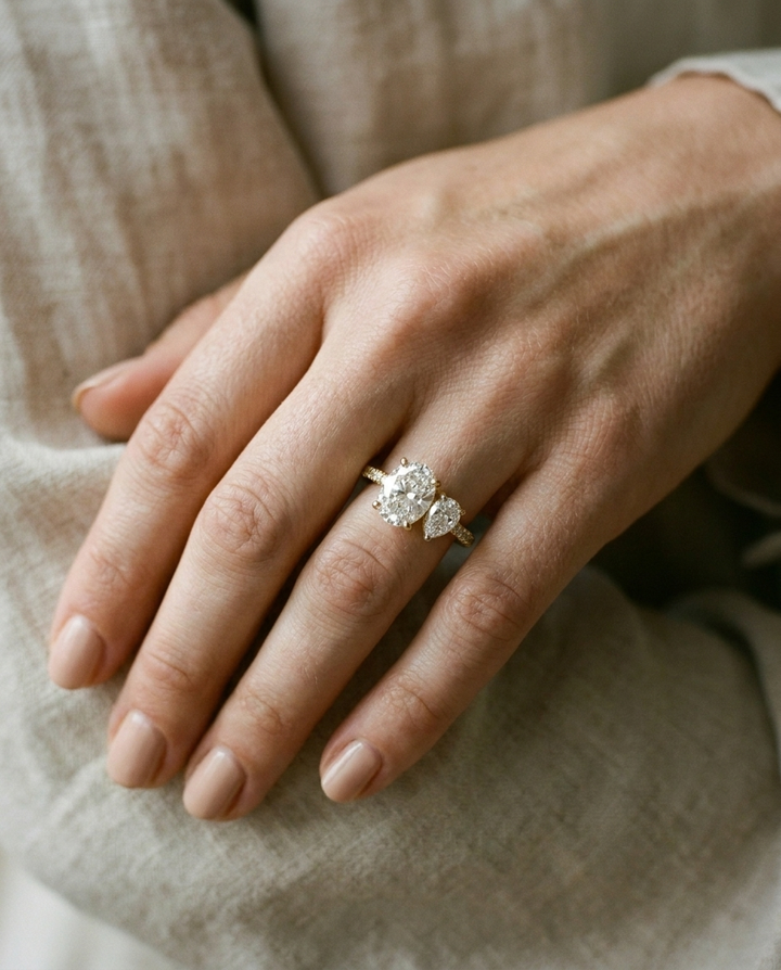 14K Yellow Gold Selena Select Toi et Moi Oval & Pear Pavé Band Lab Diamond Engagement Ring - Ring on hand model