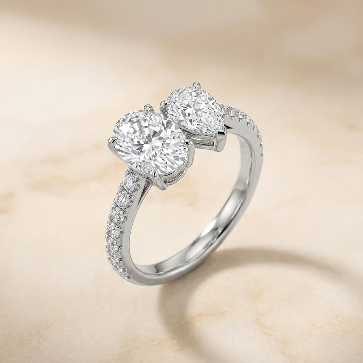 18K White Gold Selena Select Toi et Moi Oval & Pear Pavé Band Lab Diamond Engagement Ring - Alt angle on warm marble