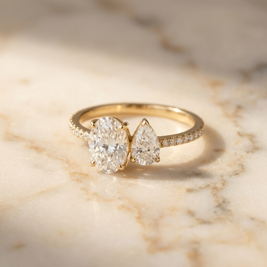 Selena Toi et Moi Oval & Pear Pavé Band Engagement Ring Setting - Hero on warm marble