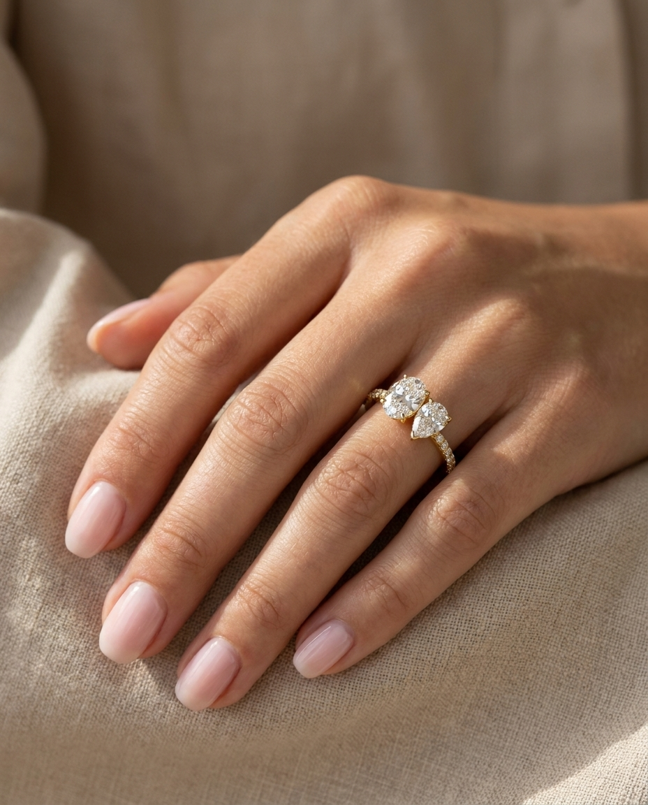 Selena Toi et Moi Oval & Pear Pavé Band Engagement Ring Setting - Ring on hand model