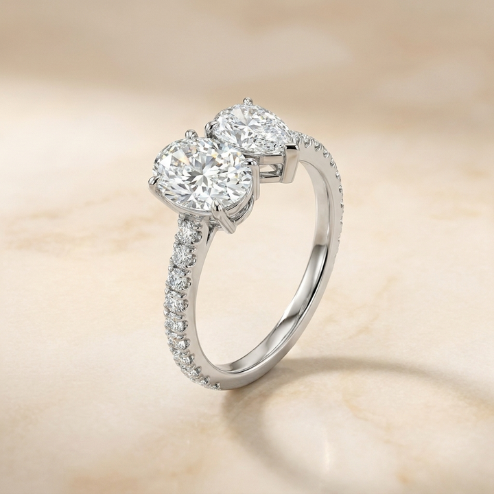 Platinum Selena Select Toi et Moi Oval & Pear Pavé Band Lab Diamond Engagement Ring - Alt angle on warm marble