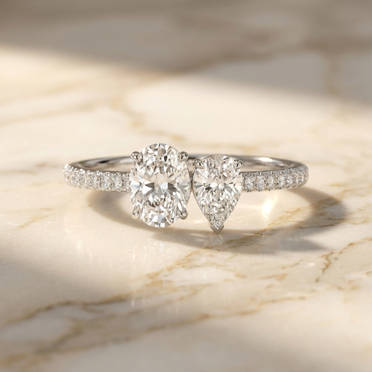 Platinum Selena Select Toi et Moi Oval & Pear Pavé Band Lab Diamond Engagement Ring - Hero on warm marble