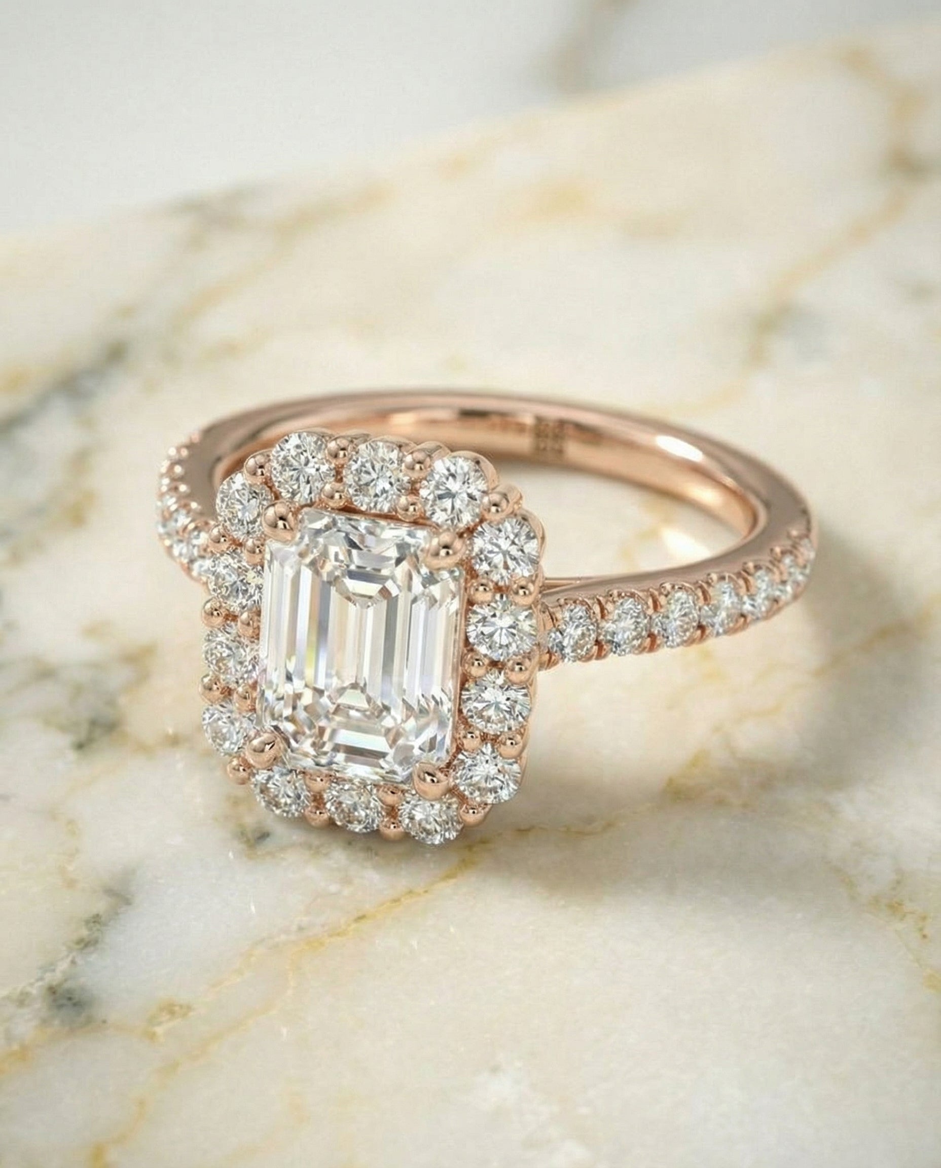 European Cut, Shared Prong Halo Emerald, in 14K Rose Gold – angled view | RockHer