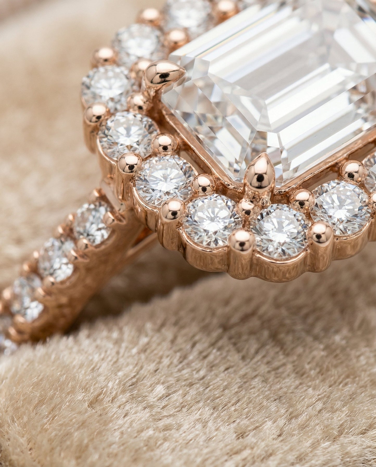 European Cut, Shared Prong Halo Emerald, in 14K Rose Gold – detail view | RockHer