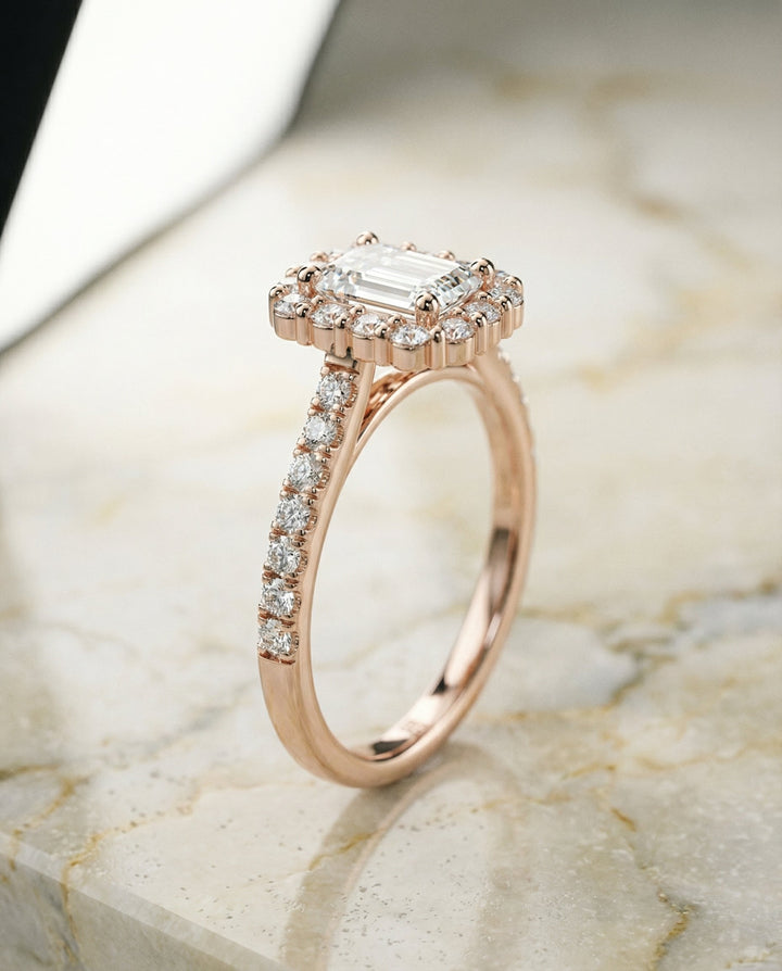 European Cut, Shared Prong Halo Emerald, in 14K Rose Gold – front view | RockHer