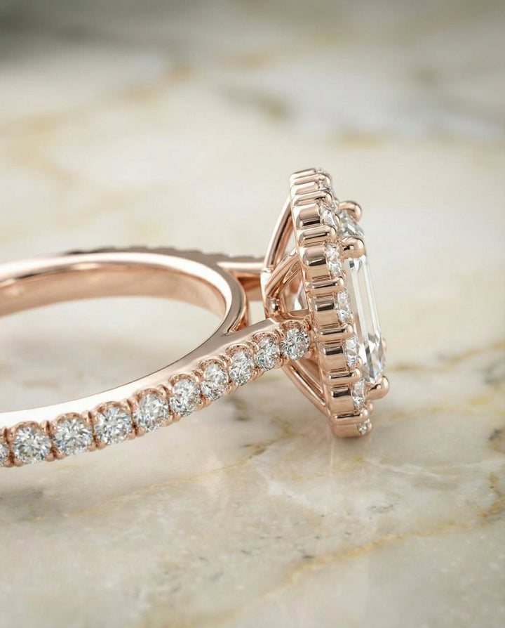 European Cut, Shared Prong Halo Emerald, in 14K Rose Gold – side profile | RockHer