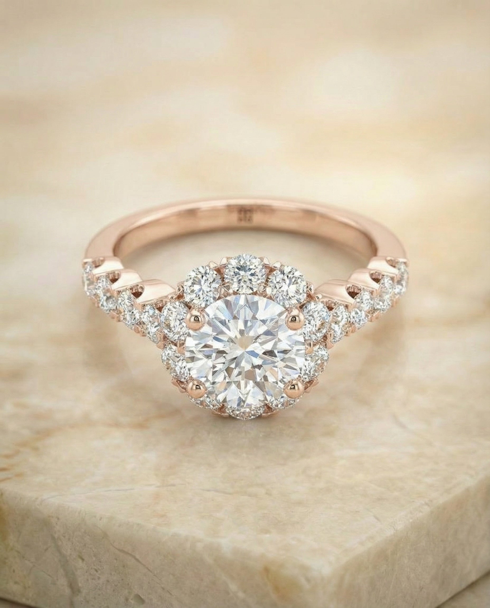 Round Brilliant, Shared Prong Halo Linear Band, in 14K Rose Gold – angled view | RockHer