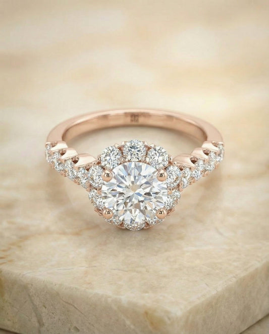 Round Brilliant, Shared Prong Halo Linear Band, in 14K Rose Gold – angled view | RockHer