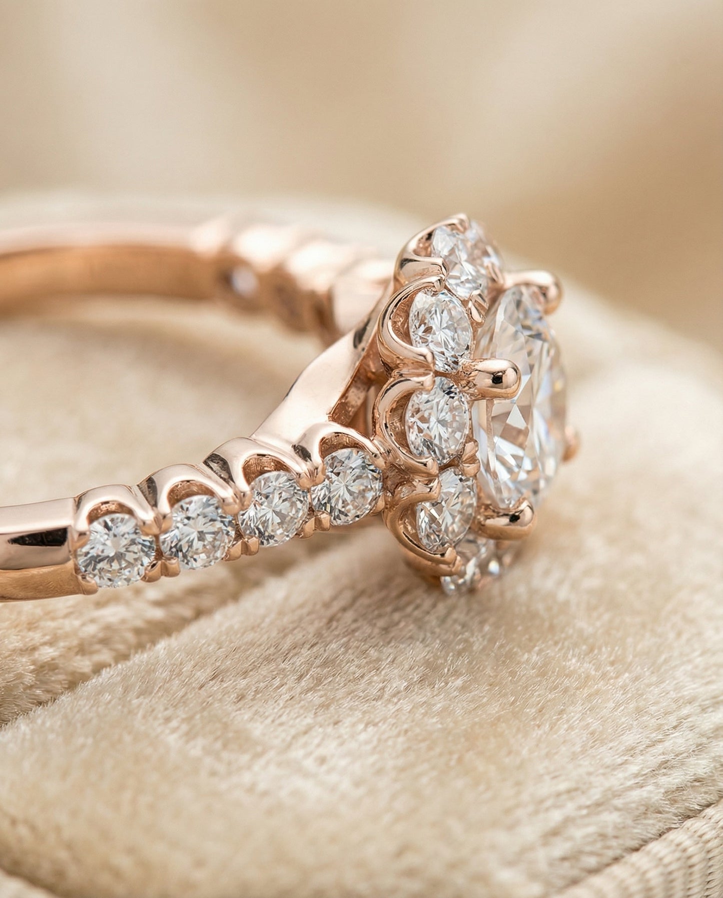 Round Brilliant, Shared Prong Halo Linear Band, in 14K Rose Gold – detail view | RockHer