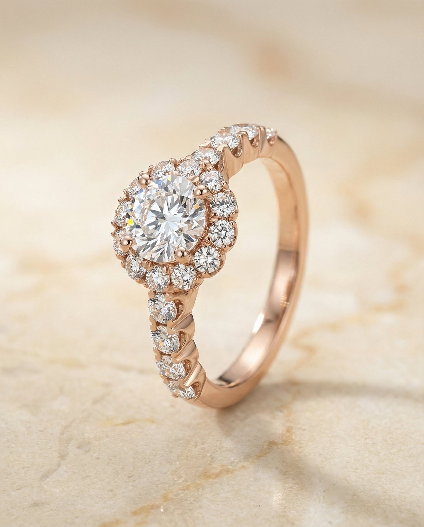 Round Brilliant, Shared Prong Halo Linear Band, in 14K Rose Gold – front view | RockHer
