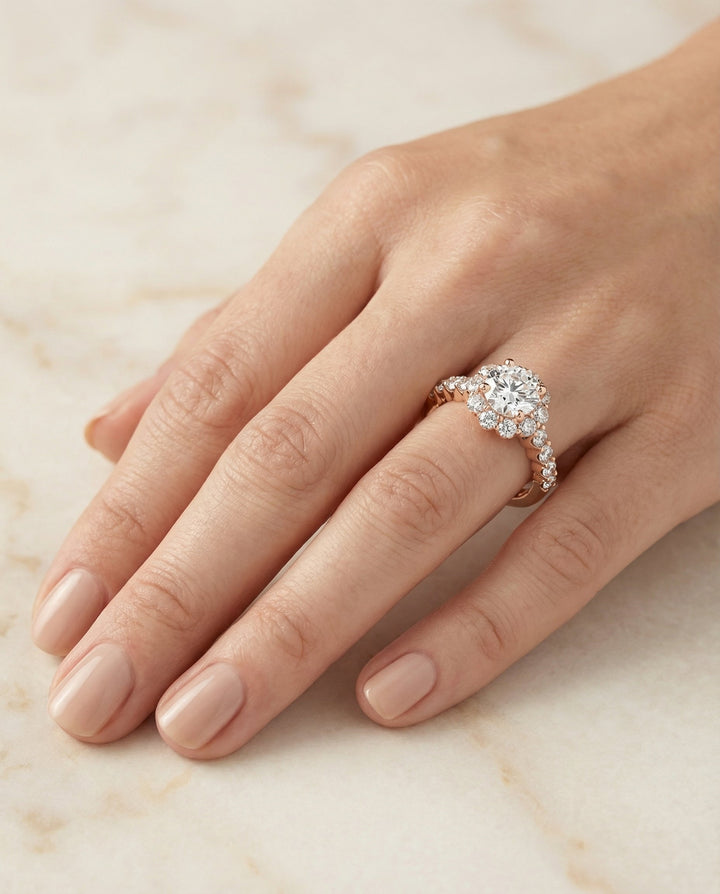 Round Brilliant, Shared Prong Halo Linear Band, in 14K Rose Gold – lifestyle shot | RockHer