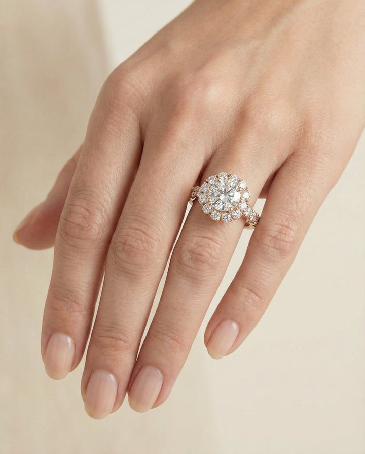 Round Brilliant, Shared Prong Halo Linear Band, in 14K Rose Gold – lifestyle shot | RockHer