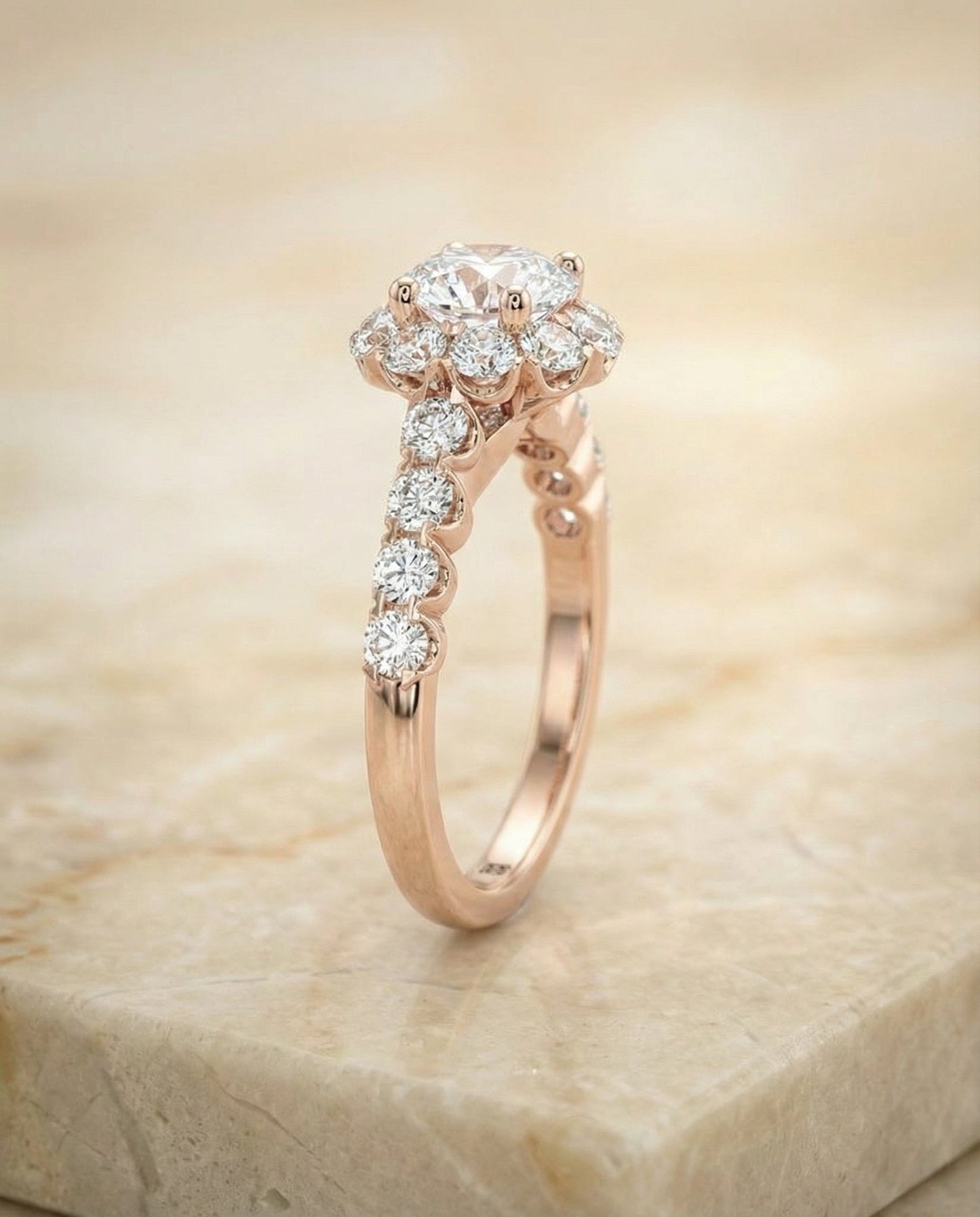 Round Brilliant, Shared Prong Halo Linear Band, in 14K Rose Gold – side profile | RockHer