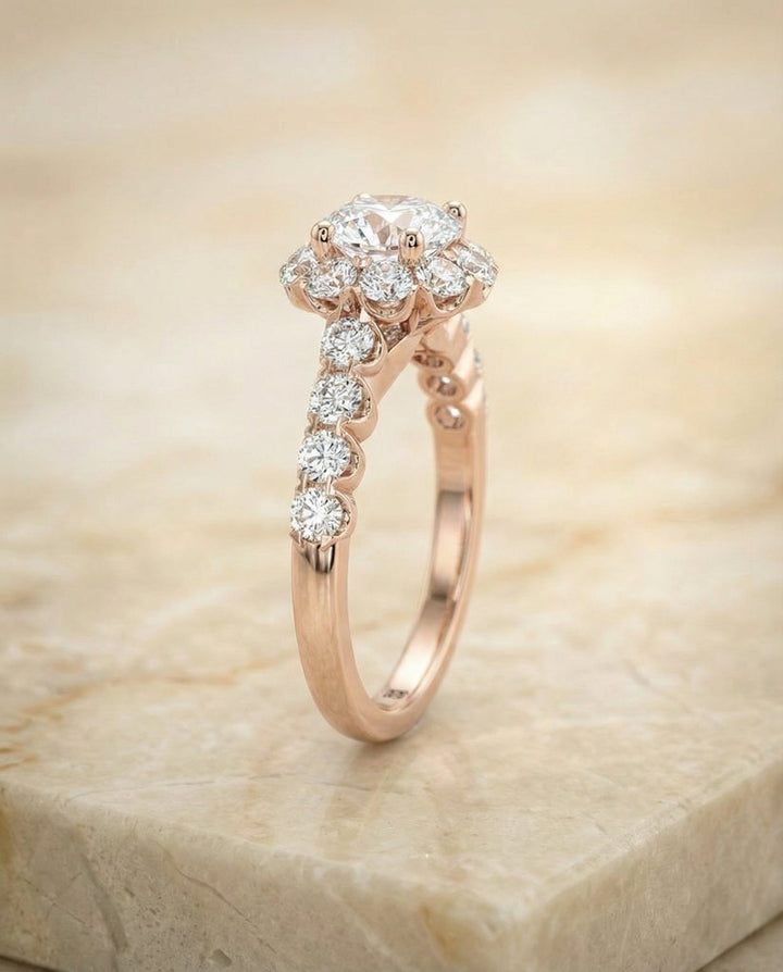 Round Brilliant, Shared Prong Halo Linear Band, in 14K Rose Gold – side profile | RockHer