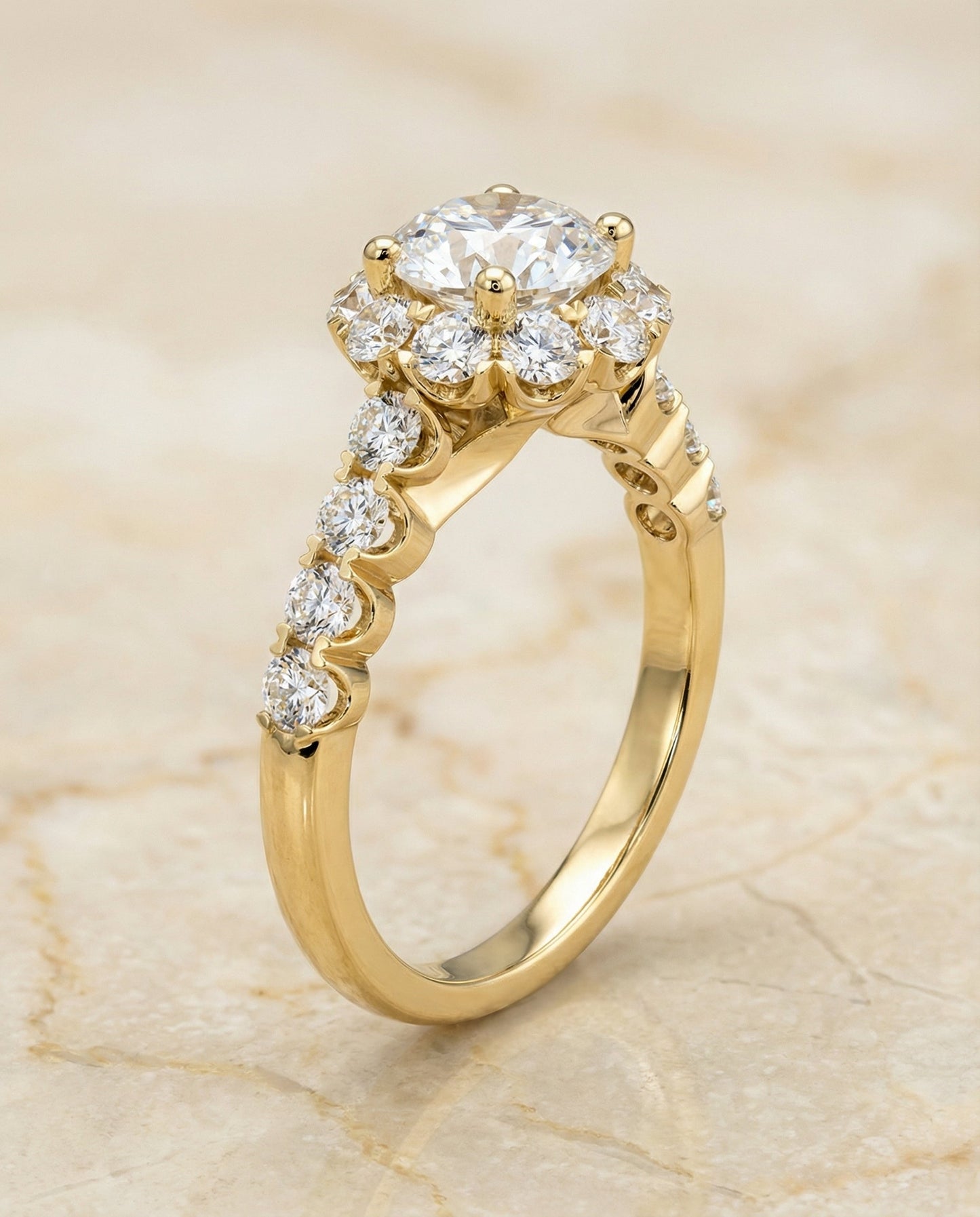 Round Brilliant, Shared Prong Halo Linear Band, in 18K Yellow Gold – angled view | RockHer