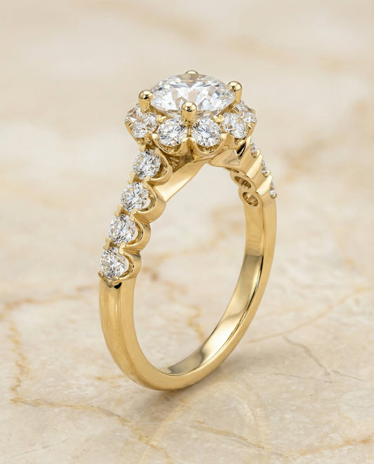 Round Brilliant, Shared Prong Halo Linear Band, in 18K Yellow Gold – angled view | RockHer
