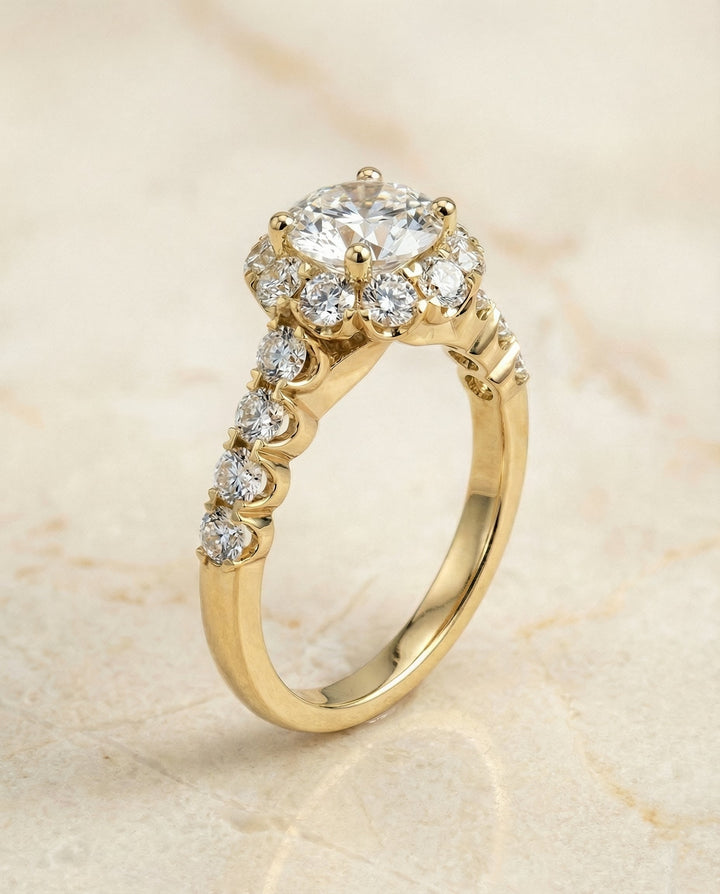 Round Brilliant, Shared Prong Halo Linear Band, in 18K Yellow Gold – front view | RockHer