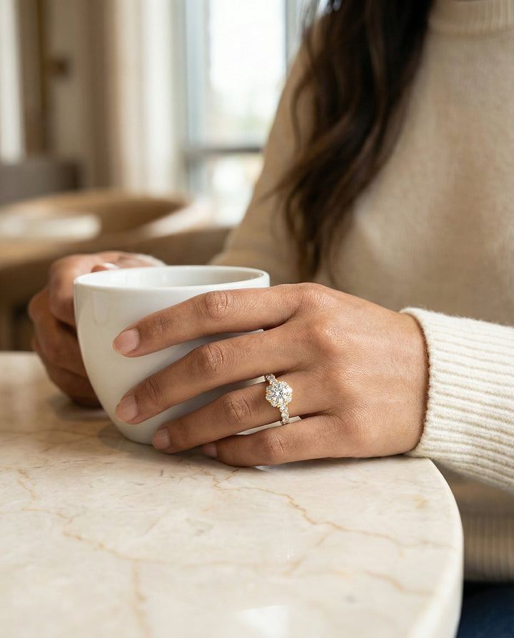 Round Brilliant, Shared Prong Halo Linear Band, in 18K Yellow Gold – lifestyle shot | RockHer