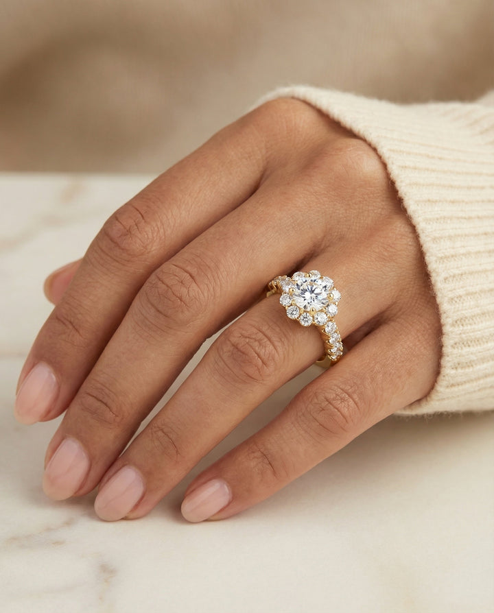 Round Brilliant, Shared Prong Halo Linear Band, in 18K Yellow Gold – lifestyle shot | RockHer