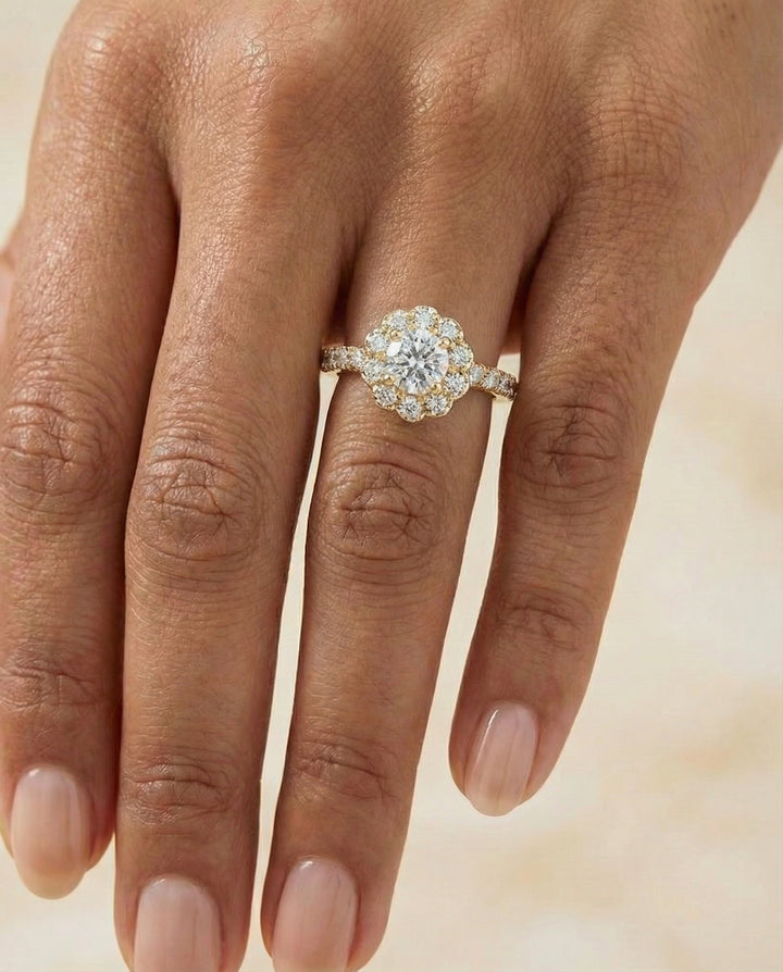 Round Brilliant, Shared Prong Halo Linear Band, in 18K Yellow Gold – lifestyle shot | RockHer