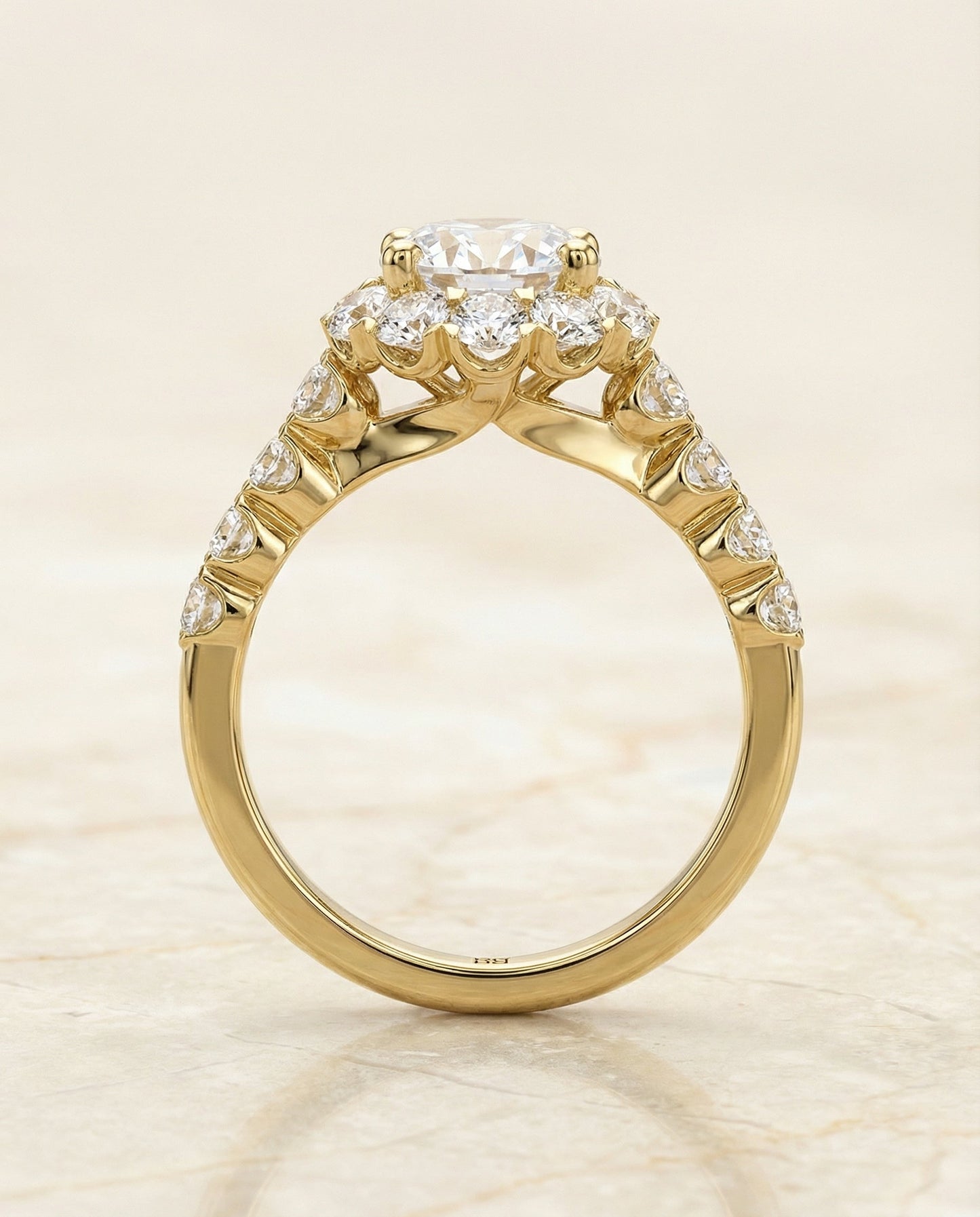 Round Brilliant, Shared Prong Halo Linear Band, in 18K Yellow Gold – side profile | RockHer