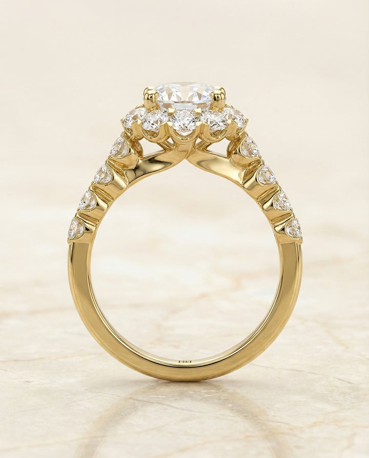 Round Brilliant, Shared Prong Halo Linear Band, in 18K Yellow Gold – side profile | RockHer