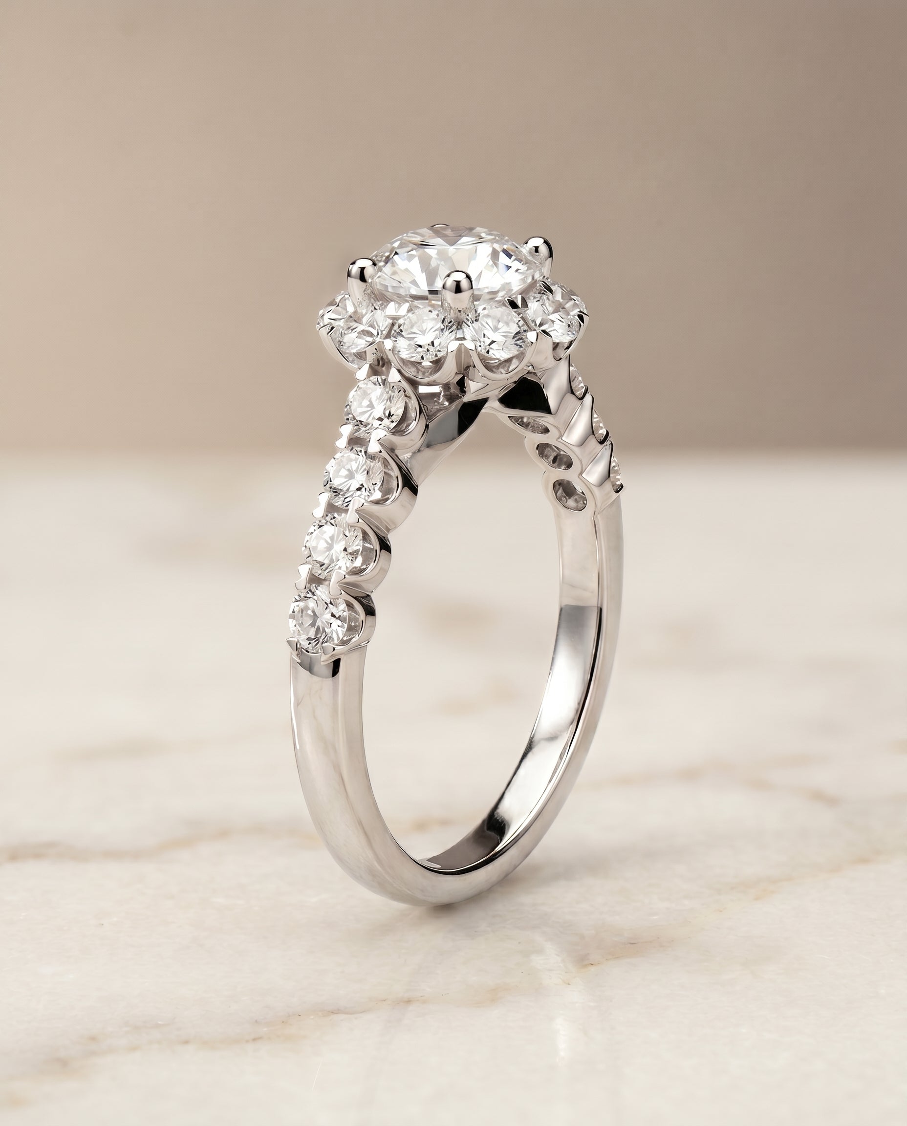 Round Brilliant, Shared Prong Halo Linear Band, in 18K White Gold – front view | RockHer