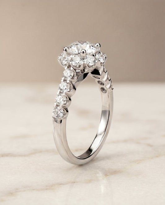 Round Brilliant, Shared Prong Halo Linear Band, in 18K White Gold – front view | RockHer