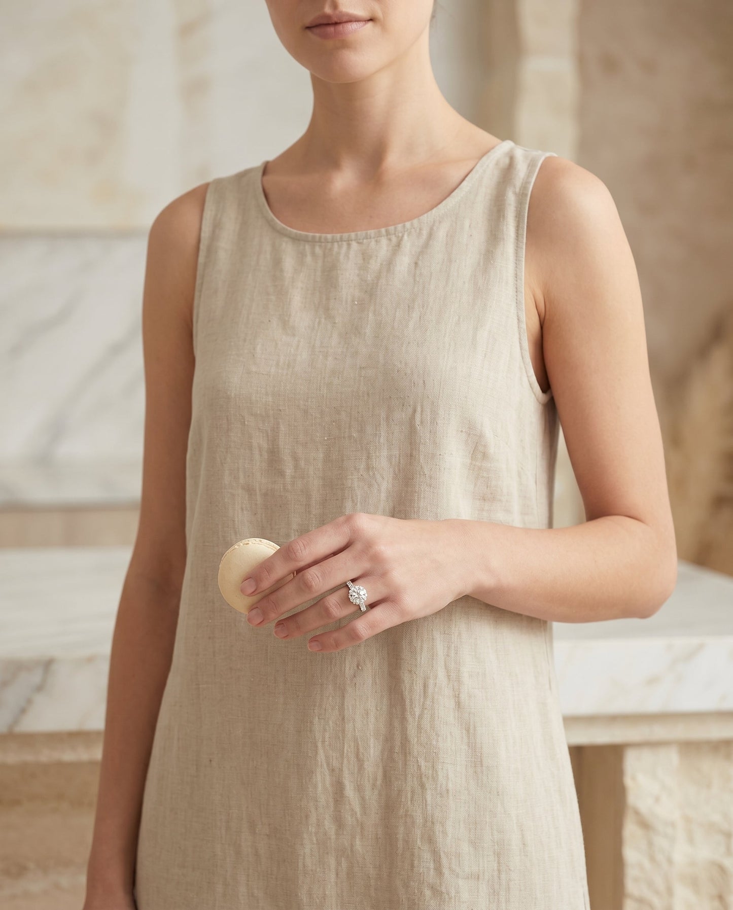 Round Brilliant, Shared Prong Halo Linear Band, in 18K White Gold – lifestyle shot | RockHer