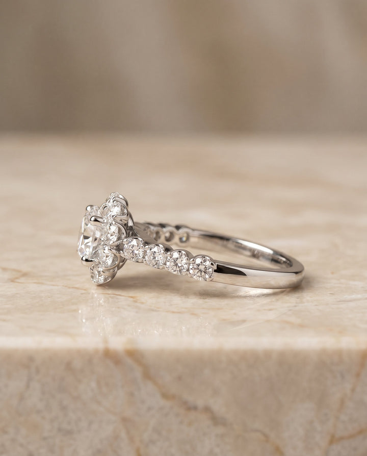 Round Brilliant, Shared Prong Halo Linear Band, in 18K White Gold – side profile | RockHer