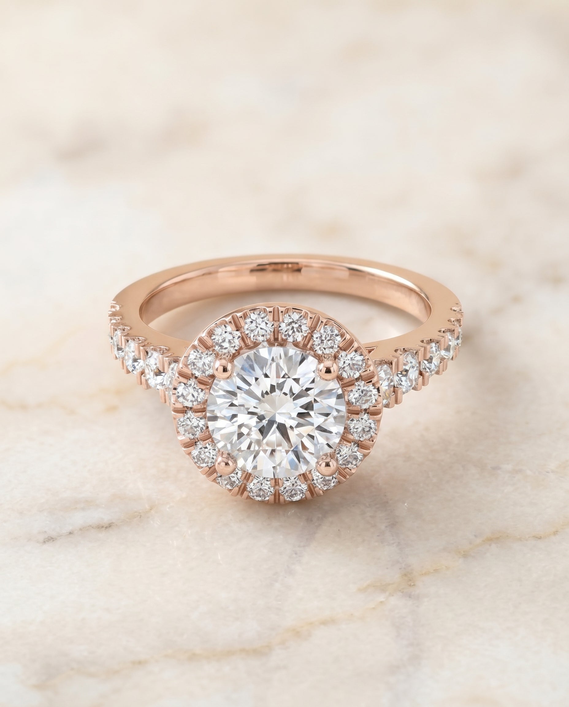 Lucille Select Shared Prong Halo Linear Side Set in 14K Rose Gold – view 1