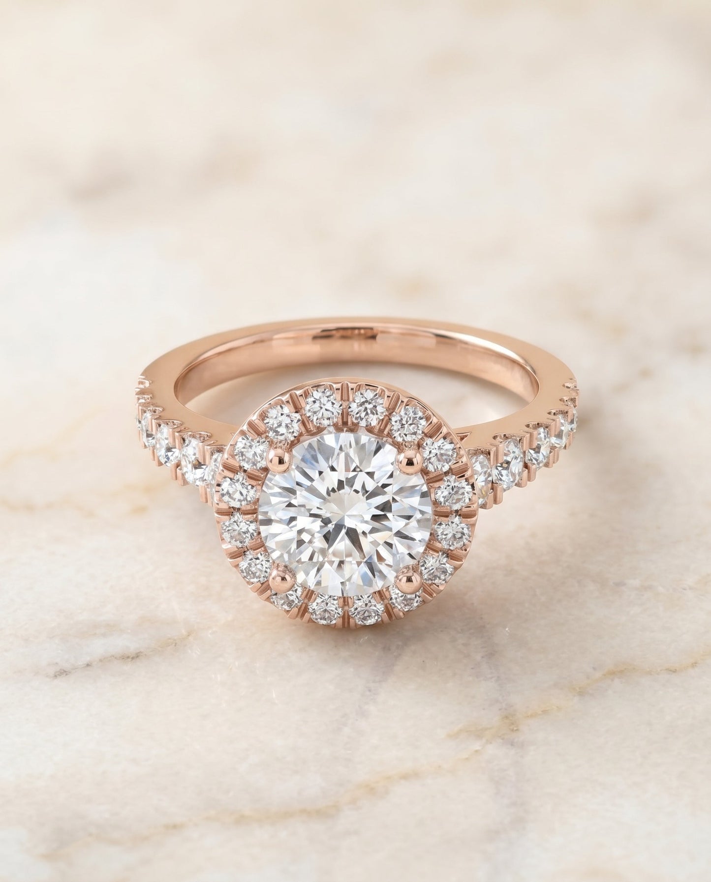 Lucille Select Shared Prong Halo Linear Side Set in 14K Rose Gold – view 1