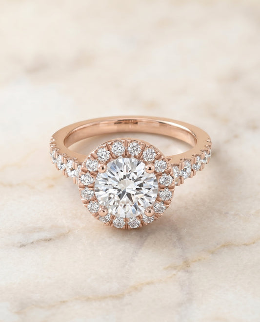 Lucille Select Shared Prong Halo Linear Side Set in 14K Rose Gold – view 1