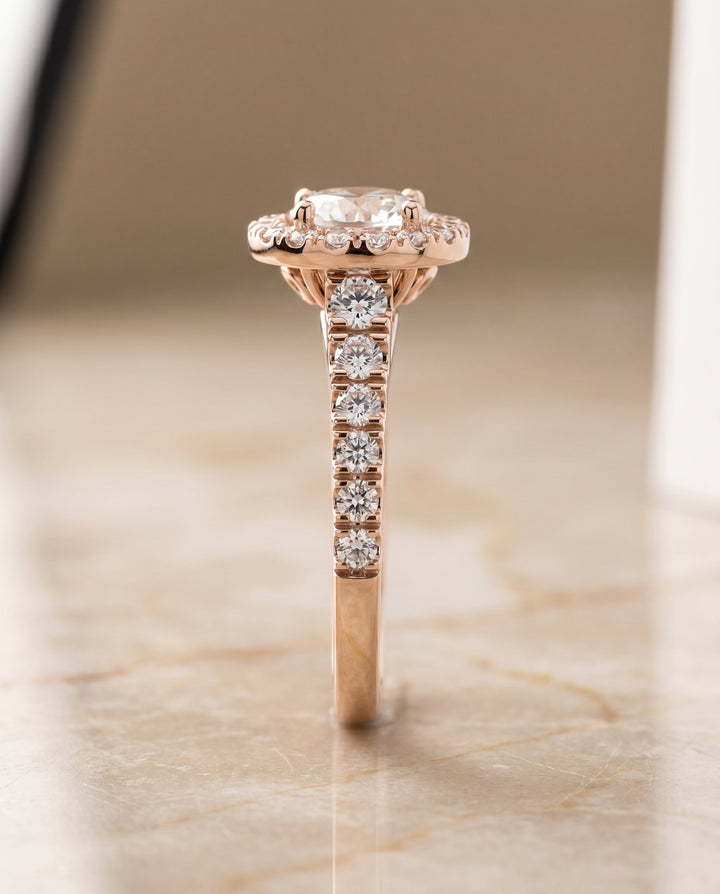 Lucille Select Shared Prong Halo Linear Side Set in 14K Rose Gold – view 6