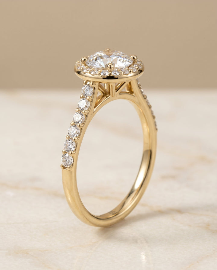 Round Brilliant, Shared Prong Halo Round, in 18K Yellow Gold, pave setting – front view | RockHer