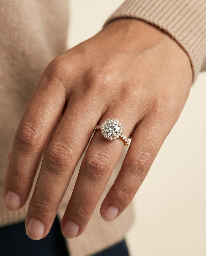 Round Brilliant, Shared Prong Halo Round, in 18K Yellow Gold, pave setting – lifestyle shot | RockHer