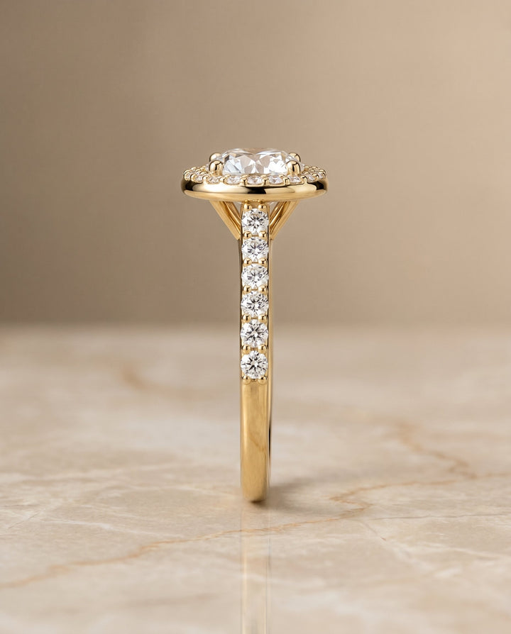 Round Brilliant, Shared Prong Halo Round, in 18K Yellow Gold, pave setting – side profile | RockHer