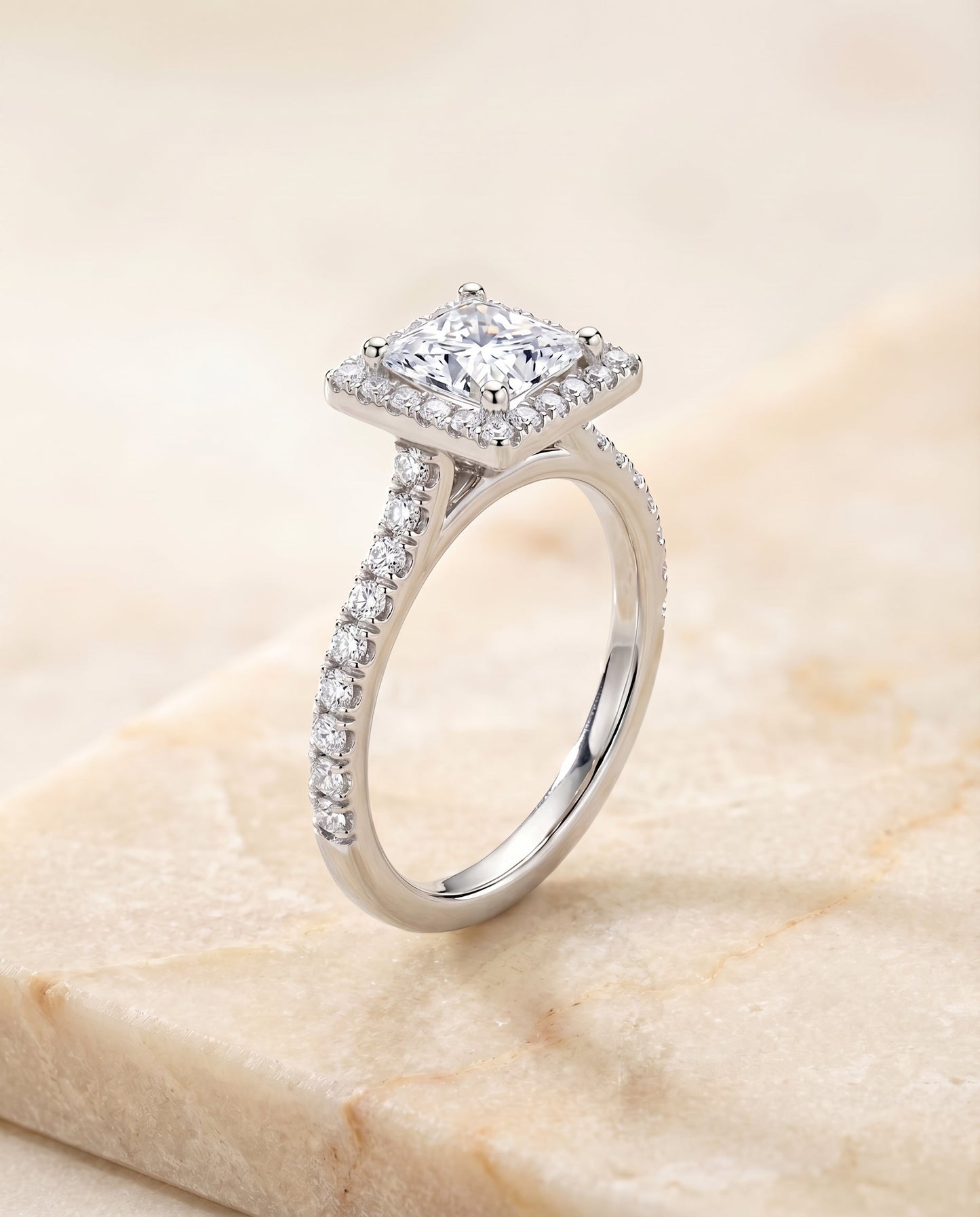 Shared Prong Pavé Halo Princess, in Platinum, pave setting – angled view | RockHer