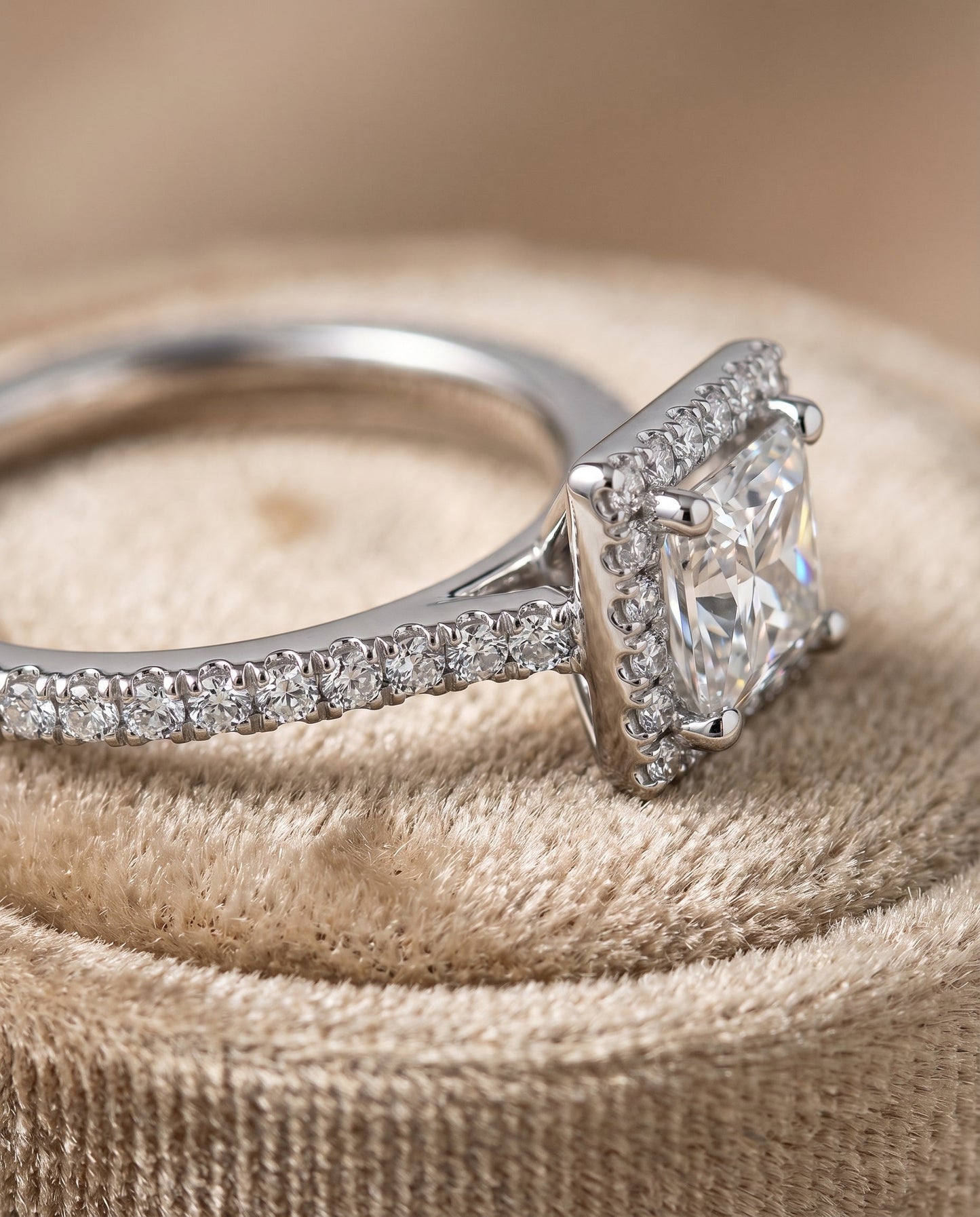 Shared Prong Pavé Halo Princess, in Platinum, pave setting – detail view | RockHer
