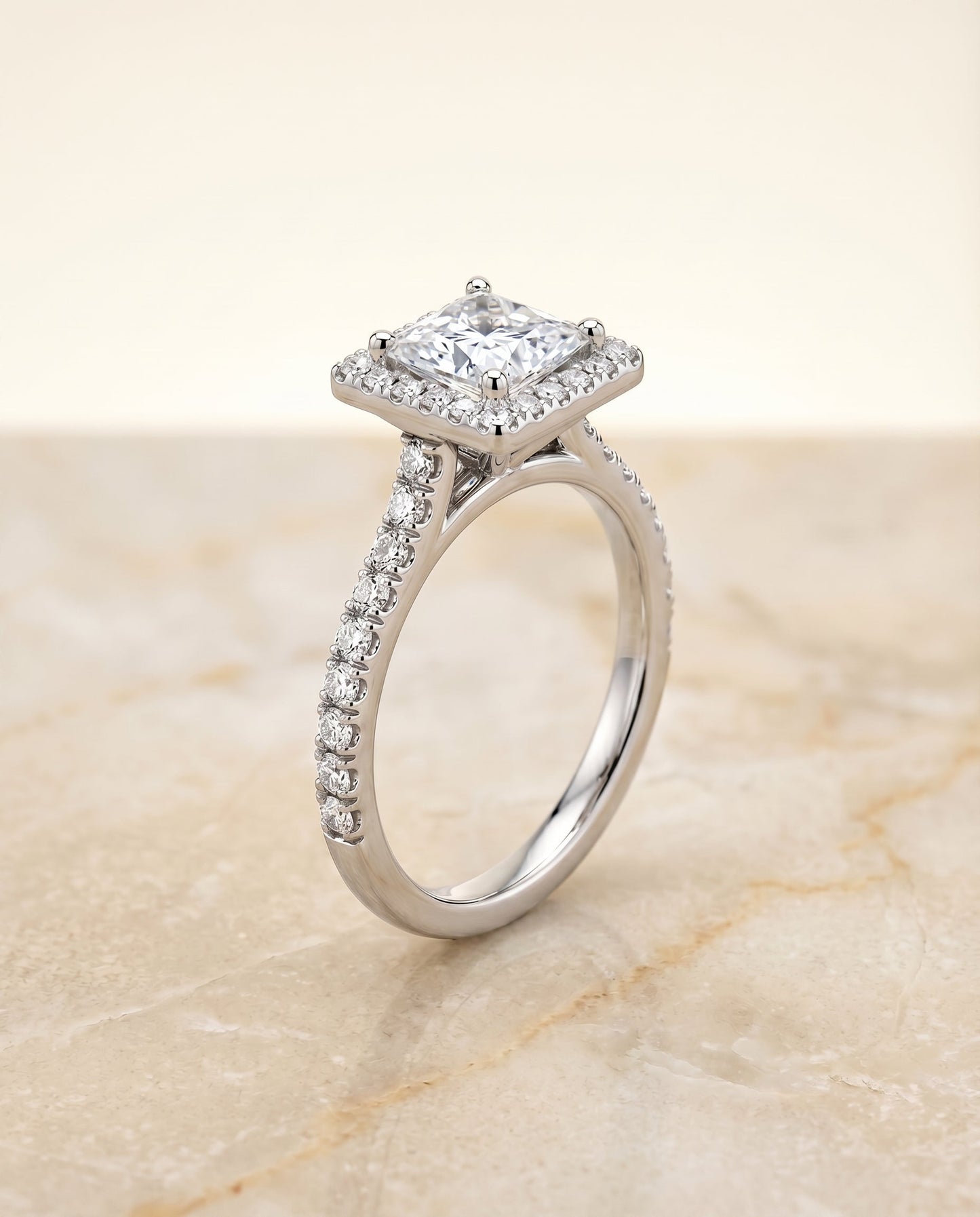 Shared Prong Pavé Halo Princess, in Platinum, pave setting – front view | RockHer