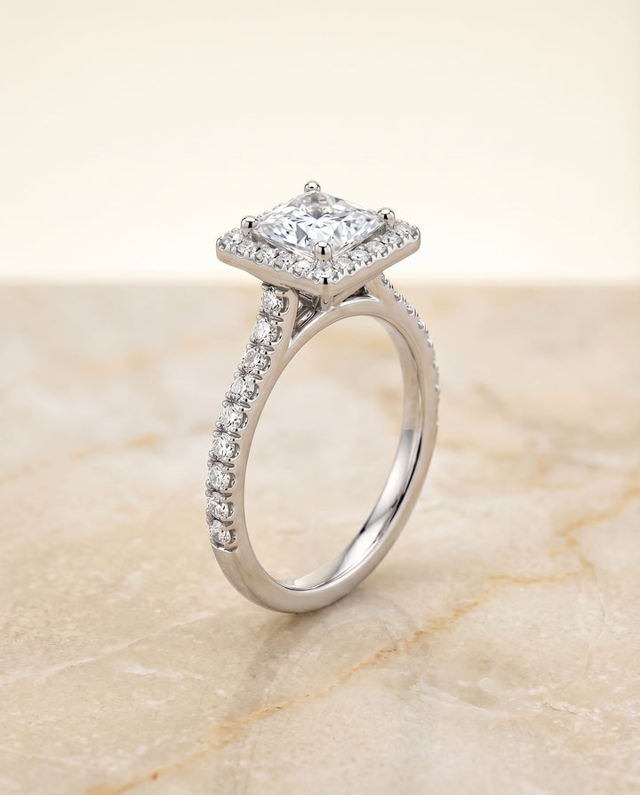 Shared Prong Pavé Halo Princess, in Platinum, pave setting – front view | RockHer